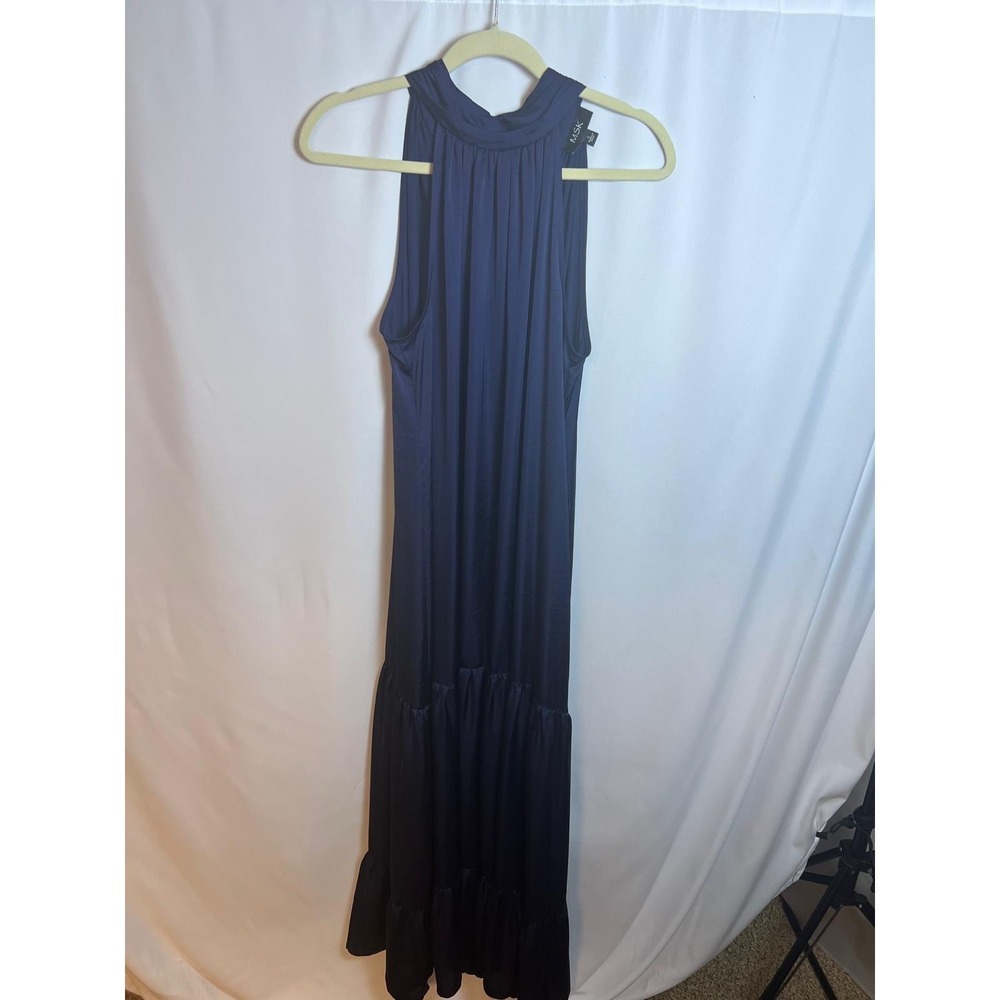 MSK Maxi Dress Women L Navy Blue Excellent Halter Tie Back Tiered Satin RN 90714